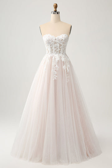 Hvit A Line Sweetheart Sparkly brudekjole med Applique blonder